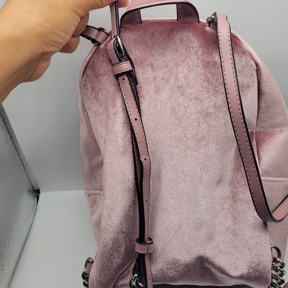 VICTORIA SECRET BACKPACK DUSTY ROSE VELOUR SHIMMER/CHAIN ACCENTS Zip Pockets - Picture 4 of 14